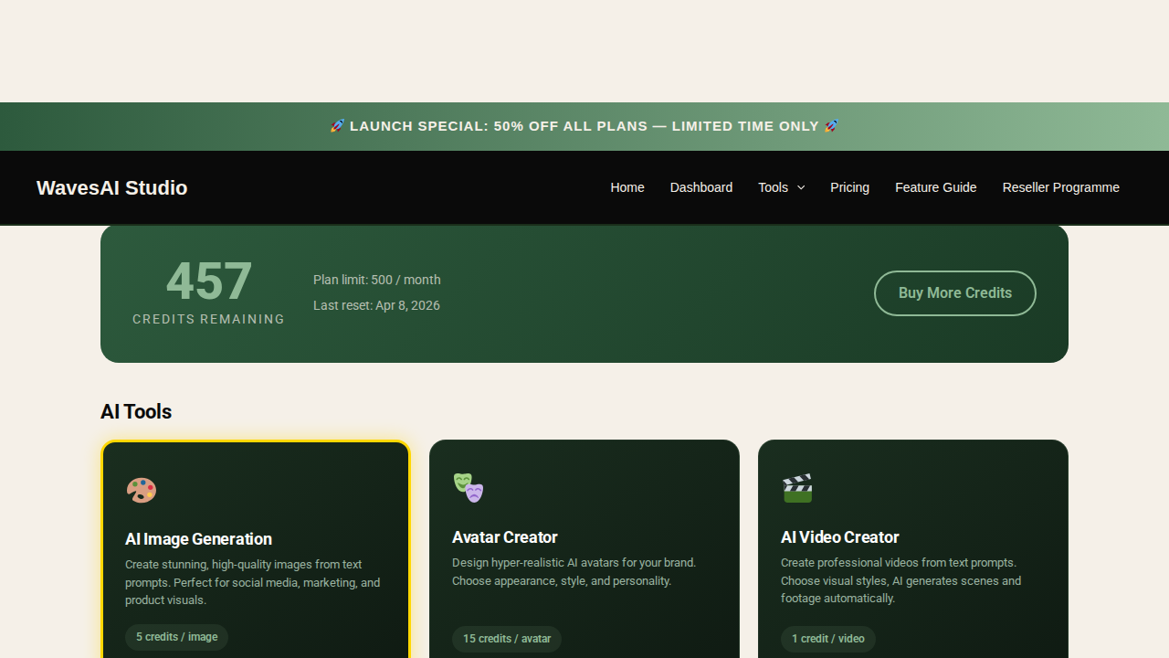 Dashboard - click AI Image Generation