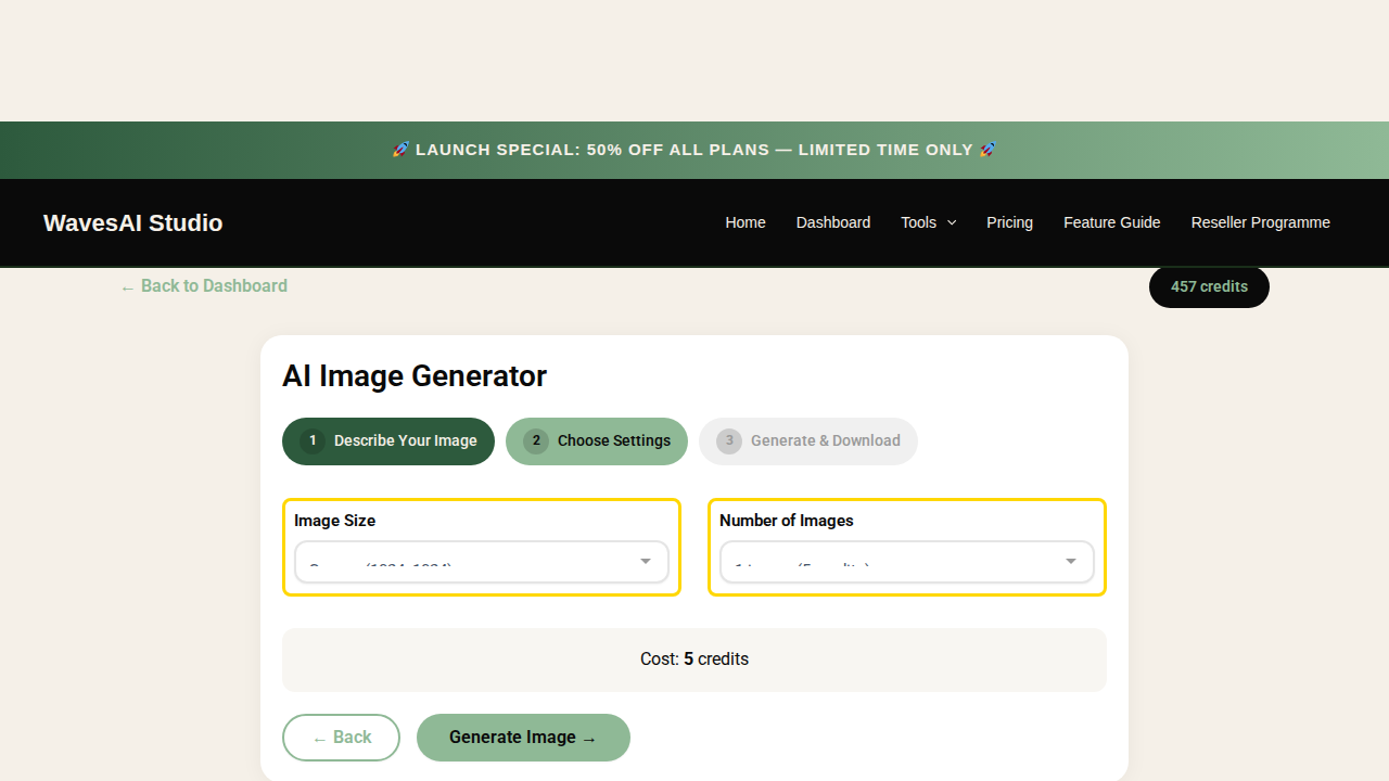 Step 3 - Choose image size and number of images